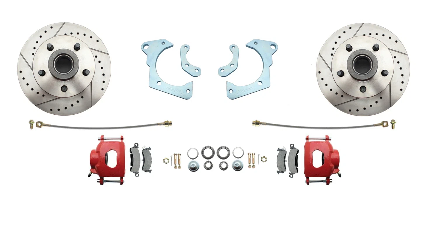 Fits 1965-1968 GM Full Size Disc Brake Kit Drilled_Slotted Rotors-Red DBK6568LXR